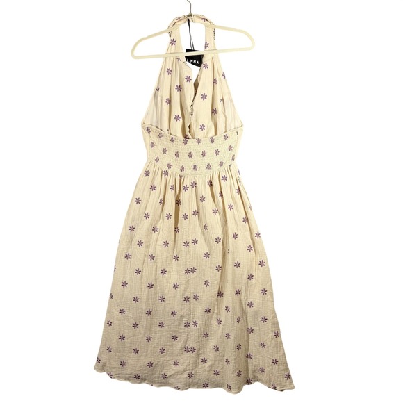 NEW J.Nna Cream Floral Embroidered Collar Halter Midi Dress Smocked Back Size M - Picture 9 of 10